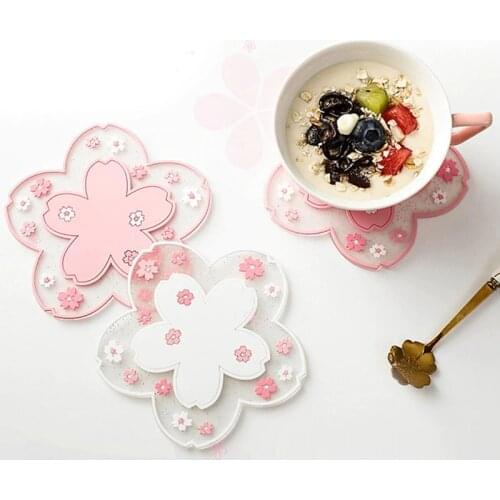 Silicone Cherry Blossom Heat Table Mat Tea Coffee Drink Cup Cute Coaster Non-slip Pad For Kitchen Drying Dishes Mat Pot Placemat