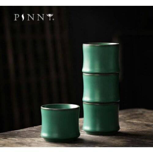 PINNY 60ML Dark Green Glazed Ceramic Bamboo Teacup Heat Resistant Chinese Kung Fu Tea Cups Pigmented Tea Bowl
