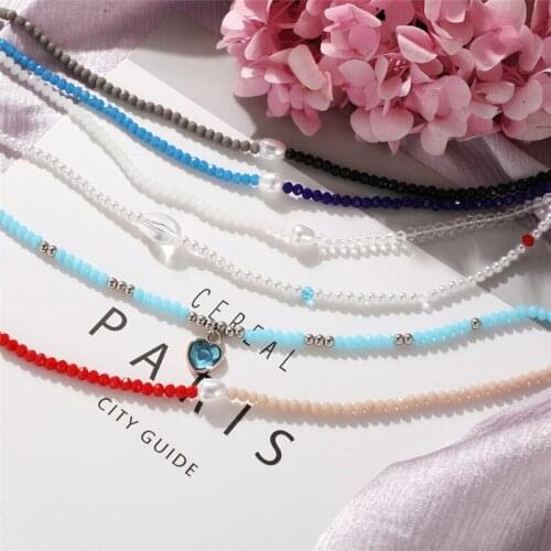 Modyle Trendy Asymmetric Irregular Beaded Necklace for Women Boho Crystal Heart Pearl Beads Choker Necklace Jewelry