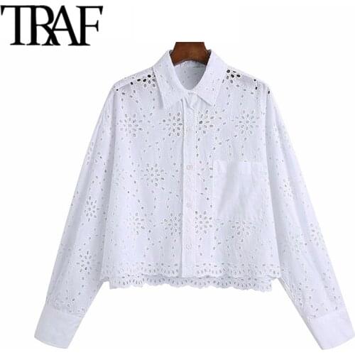 TRAF Women Fashion Hollow Out Embroidery Loose White Blouses Vintage Long Sleeve Button-up Female Shirts Chic Tops