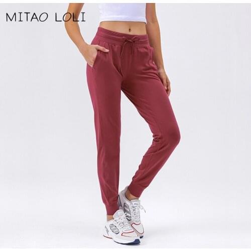 MITAO LOLI Naked Feel Fabric Workout Sport Joggers Pants Women Waist Drawstring Fitness Running Sweatpants with Two Side Pocket