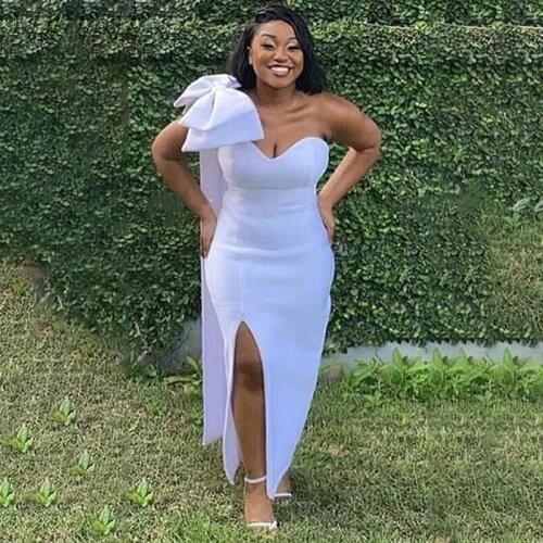 YiMinpwp White Sheath Prom Dresses One Shoulder Side Split Ankle Length BIg Bow Simple Women Formal Evening Party Gowns Cheap