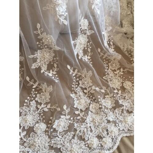 Ivory Alencon Lace Fabric Floral Pearl Beaded Sequined Wedding Lace Fabric 53 Inches Wide 1 Yard