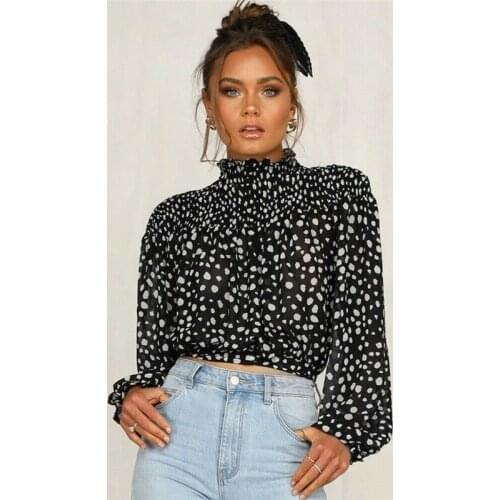 Elegant Bow Knot Polka Dot Print Crop Blouse Women Spring Autumn High Neck Long Blouse Ladies Bow Lace Up Slim Fit Shirt Tops