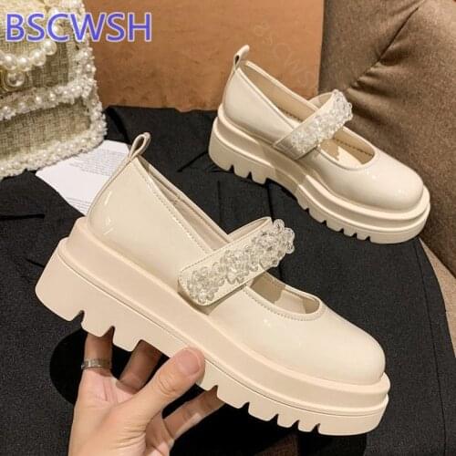Women Mary Jane Shoes Leather Rhinestone 2021 New Spring Summer Loafers LadiesThick Heel Platform Wedge Girl Shoes Big Size 43