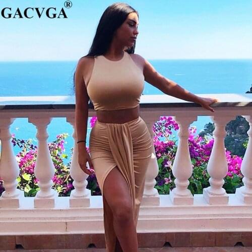 GACVGA Summer Two Piece Set Women Sleeveless Crop Top Draped Split Long Skirts Sets Solid Color Ladies Elegant Casual Outfits