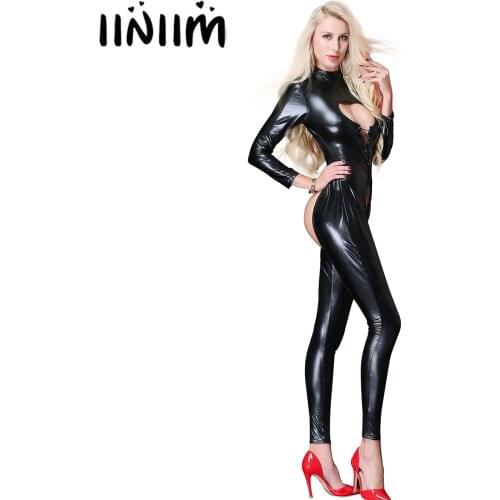 Womens Wet Look Skinny Faux Leather Exotic Bodysuit Long Sleeve Crotchless Catsuit Slim Teddies Jumpsuit Clubwear with G-string