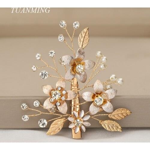 Gold Flower Small Hair Clips Combs Fashion Pearls Rhinestone Headpiece Handmade Wedding Hairgrips Pins Women Hair Accessories