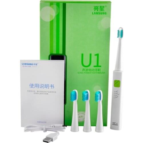 USB Charge LANSUNG Ultrasonic Sonic Electric Toothbrush Rechargeable Tooth Brushes With 4Pcs Replacement Heads U1 Timer Brush