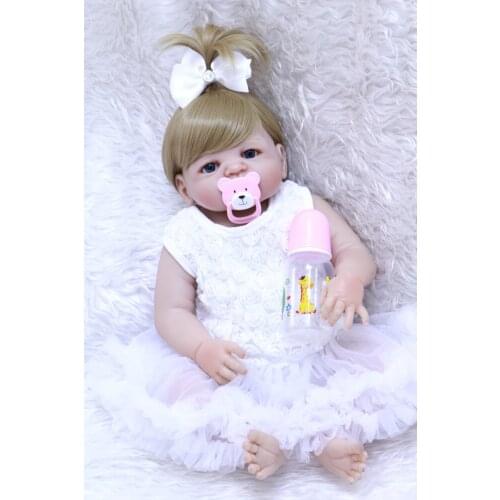 22" 55cm real full silicone reborn baby dolls white rose dress with pacifier bottle bebe gift bonecas cheap reborn babies