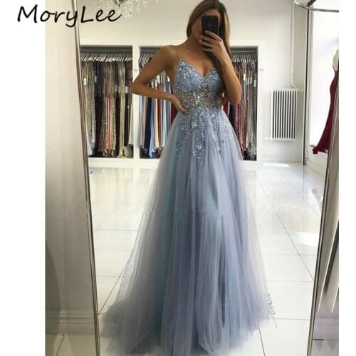 Shining Prom Dresses Spaghetti Straps Tulle Crystal Pearl Beaded Prom Dresses With Zipper Back vestidos de fiesta de noche