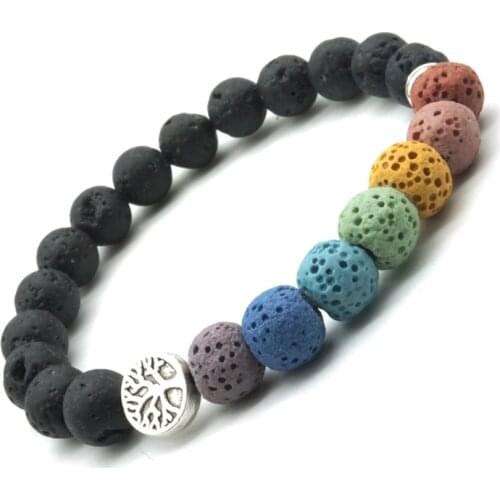 Tree of Life 8mm Colorful Seven Chakras Black Lava Stone Bracelet DIY Aromatherapy Essential Oil Diffuser Bracelet Yoga Jewelry