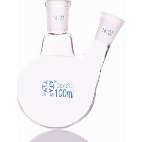 Two-necked flask oblique shape,with two necks standard grinding mouth,Capacity 100ml,Middle joint 14/23 and lateral joint 14/23