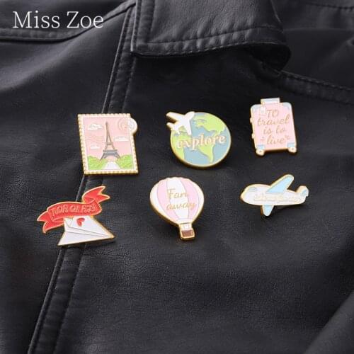 Hot Air Balloon Enamel Pins Suitcase Origami Airplane Traveling Quote Postcard Brooches Metal Badges Gifts For Adventure Lover