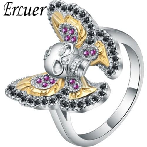 ERLUER Gothic Skull Punk Style Rings Silver Plated Butterfly Crystal Zircon For Women Girls Fashion Jewelry Hip-hop Gift Ring