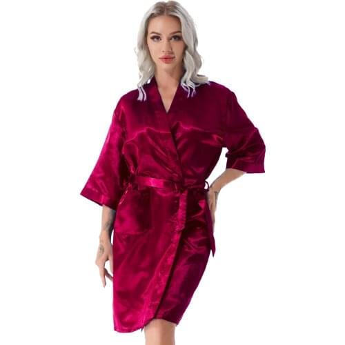 Bathrobe for Women Nightie Robe Satin Sleepwear Pajamas Half Sleeve Nightgown Solid Kimono Female Mid Nightwear with Waist Belt