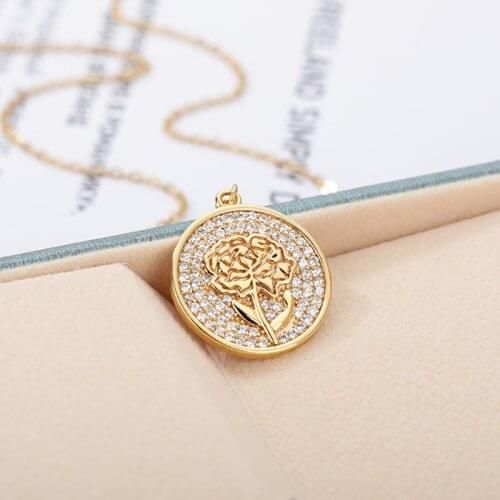 Twelve Months Flower Round Zircon Crystal Pendant Necklace For Women Gold Stainless Steel Fashion Chain Jewelry Best Friend Gift
