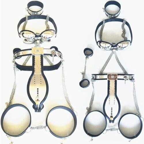 Stainless Steel 5 Piece Sets Chastity Belt Collar Chastity Bra Chastity Belt Handcuffs Thigh Rings Adult BDSM Toys G7-5-31