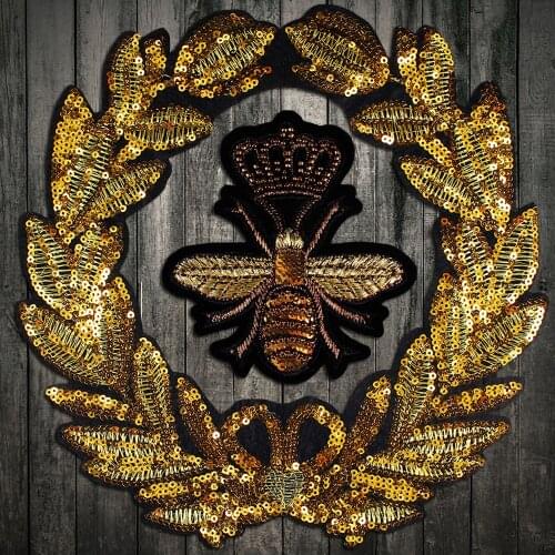 1 set Beaded Sequin Fashion Gold Crown Bee Badge Design Patches Sew on Appliques Fabric Repair Patches Garment Decorated