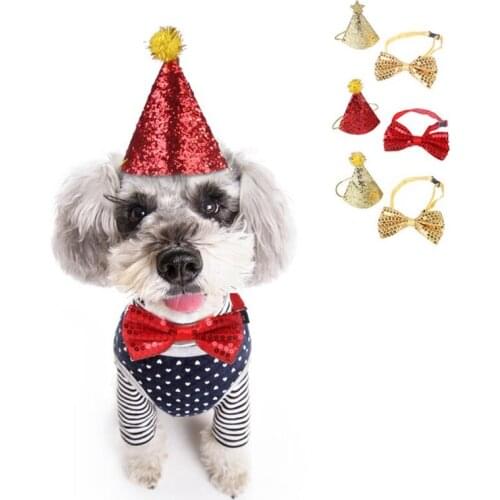 Fashion Party Pet Hat and Bow Ties Sets Gold/Red Puppy Shine Sequins Heart Neck Accessoires Creative Birthday Hats Pets Supplies