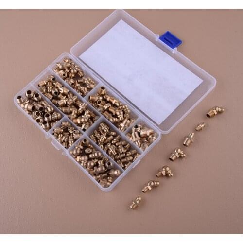 Universal 140Pcs Gold Brass Hydraulic Metric Brass Zerk Grease Nipple Pipe Fitting Assortment Kit M6 M8 M10 Replacement