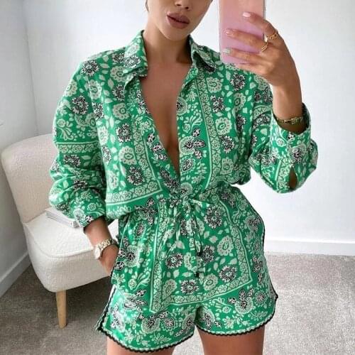 Vintage Green Print Two Piece Set Women 2021 Fashion Long Sleeve V Neck Pleated Shirt Elastic High Waist Lace Up Shorts Suits