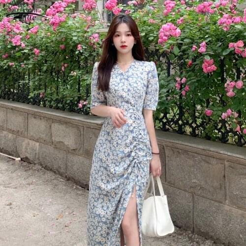Dress Sexy Floral Printing Party Dress 2021 New Summer V-neck Long Short Sleeve Plus Size Chiffon Ladies Dresses Vestidos 15100