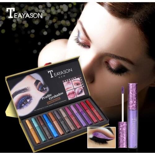 12Pcs/set Liquid Eyeshadow Glitter Diamond Shiny Eyeshadow Waterproof Long Lasting Easy To Color Eye Shadow Makeup Set TSLM1