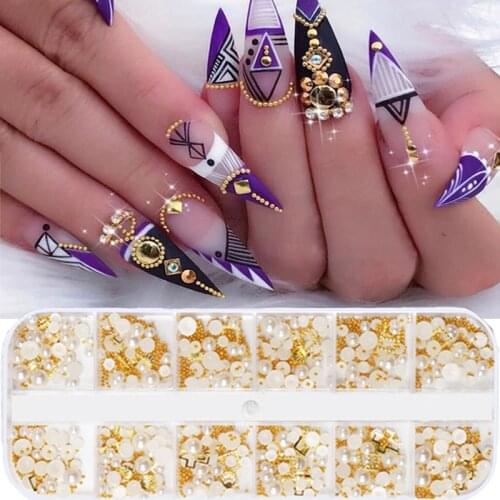 12 Grids/box 3D Mix Crystal Metal Pearl Shiny Rhinestones for Nails Art Decorations Nails Rivets Charm Manicure Accessories