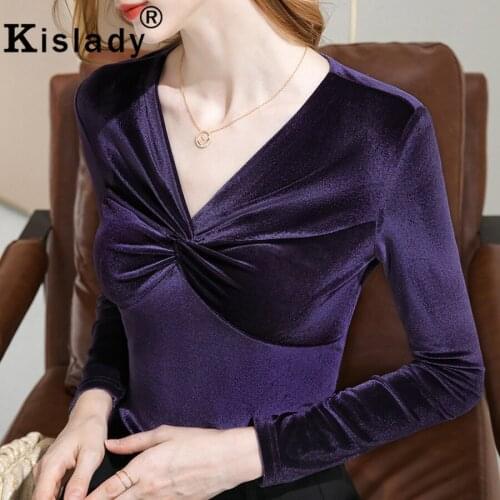 2020 Winter Women Pleuche Patchwork Fold T-shirts Plus Size Harajuku Basic Solid T-Shirts Korean V-Neck OL Tops Gothic Clothes