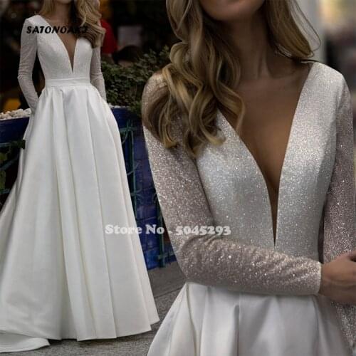 Sparkle Satin Wedding Dress 2021 for Women Sheer O-Neck Backless Long Sleeve Simple Bridal Gowns Vestido De Noiva Robe Mariage