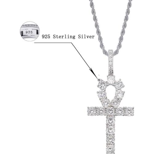 AAA CZ Stone Solid S925 Sterling Silver Bling Ice Out Ankh Cross Pendants Necklaces for men women Jewelry Hip Hop Rapper Gold