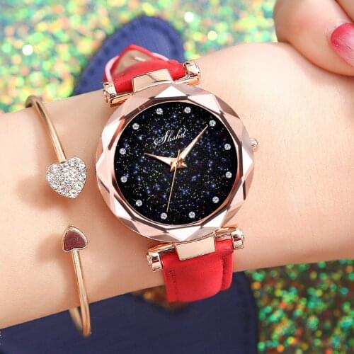Strarry Sky Watch Women Leather Wristwatch Rhinestone Quartz Ladies Dress Wrist Watch Simple Female Watches Relogio Feminino St