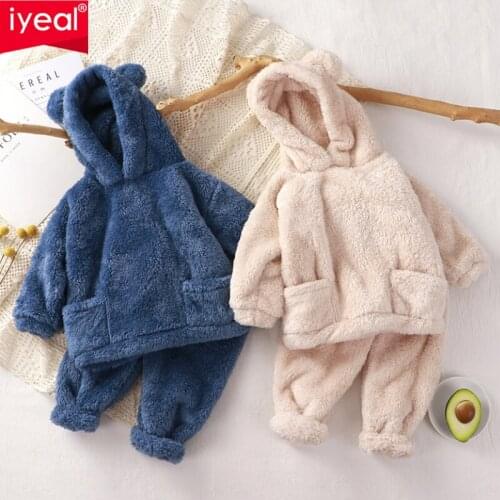 IYEAL Cartoon Hoodies Girl Boys Sleepwear Long Sleeve Tops Coats + Pant Kids Soft Warm Flannel Pajamas Set Childrens Clothing