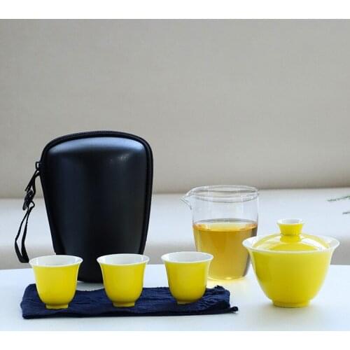 Travel Bag Chinese Kung Fu Tea Set Ceramic Gaiwan Teapot Teacups Fair Mug Teaware Green Yellow Drinkware 4 Cups Gift For friend