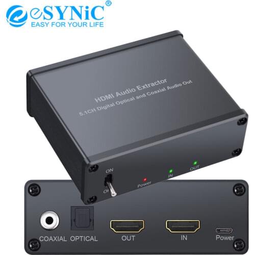 ESYNiC HDMI Audio Extractor with Power Adaptor HDMI to HDMI Optical TOSLINK SPDIF+Coaxial Audio Converter Adapter Support 4K 3D