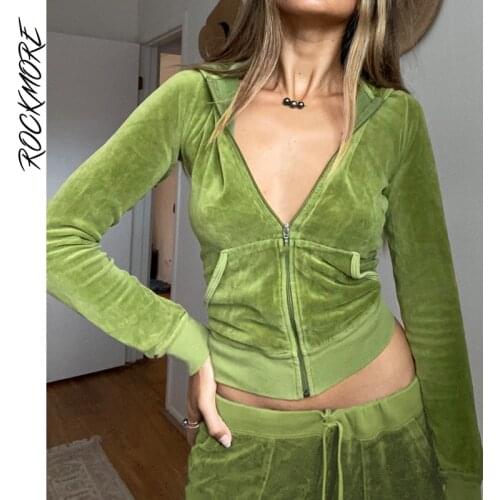 Rockmore Velvet Hooded Jacket WomenS Sweatshirts Harajuku Pockets Zip Up Crop Hoodies y2k Aesthetic Slim Top Autumn Clothes