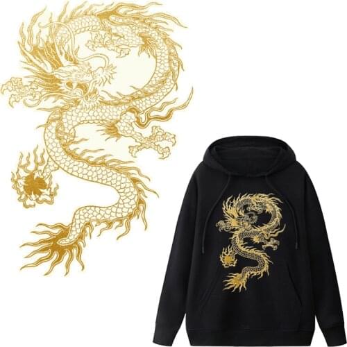 Fashable Heat Transfer Vinyl Sticker Golden Dragon Patches For Clothes Applique Iron On Transfers On T-Shirt Clothing Printing