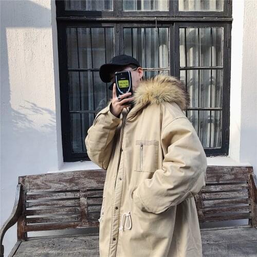 Mens Loose Thick Warm Parka Coat Hooded Fur Collar Cashmere Lining Solid Color Long A5