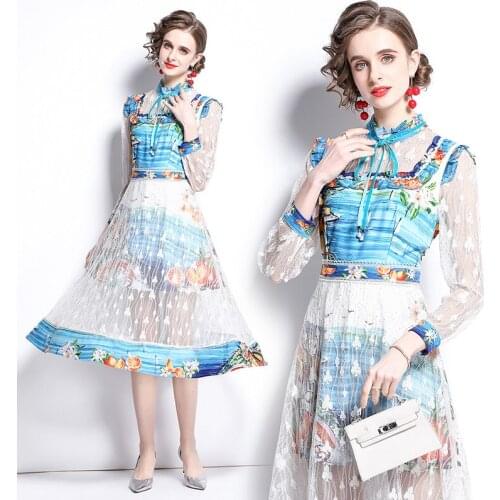Autumn New Fashion Midi Dress Water Blue Printed Stitching Embroidered Mesh Lace-up Dress Lace Zipper Birthday Dress for Women