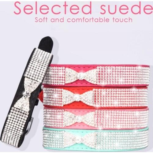 Dog Cat Necklace Pet Collar Crystal Bow Diamond Safety Buckle Adjustable Leather Kitten Collar For Dogs