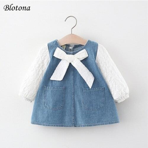 Blotona Sweet Little Girls Casual Long Sleeve Dress Fashion Contrast Color Denim Stitching Bow A-line Dress, 6Months-4Years