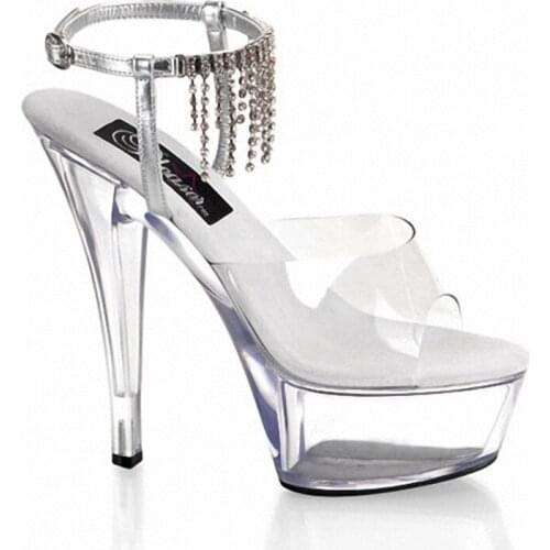 Transparent waterproof stand 15cm transparent vamp, sexy beaded decoration banquet sandals, dancing shoes