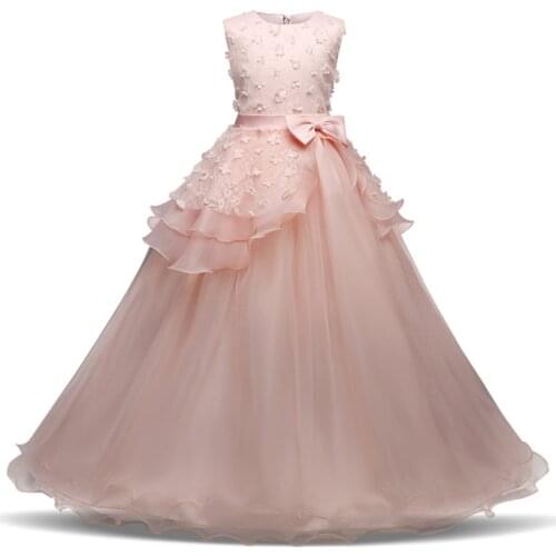 Flower Bow Long Prom Gowns Teenagers 5-14 Years Dress For Girl Children Party Clothing Kids Formal Costume for Wedding Christmas