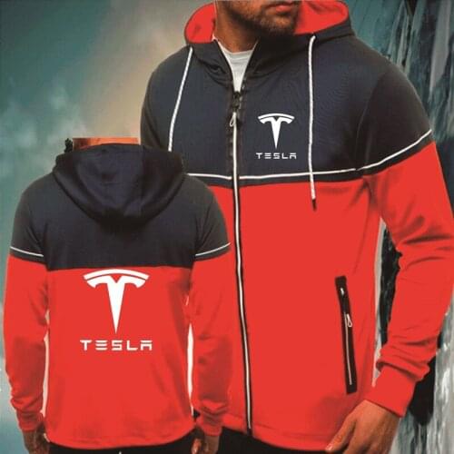 Spring Autumn Mens Zip Jacket Tesla car Logo Printing Fashion Casual Splicing Mens Jacket Cotton High Quality Mens clothes