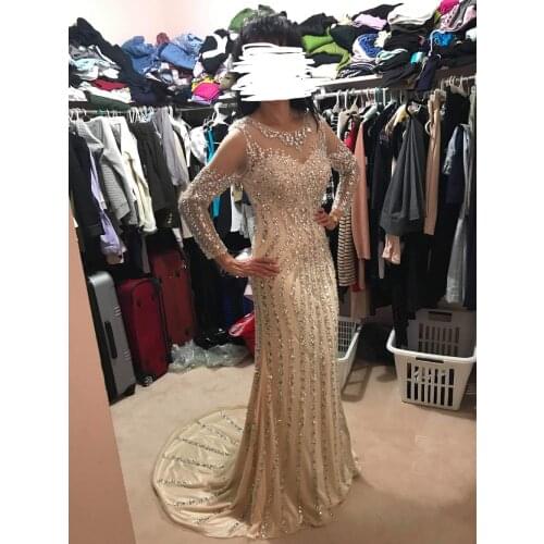 2020 New Beaded Evening Dresses Luxury Gray/Champagne Mermaid Crystal Sweep Train Long Sleeves Gray Sheer Neck Prom Formal Party