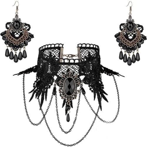 YiYaoFa Handmade Exaggerated Jewelry Set Gothic Jewelry Black Lace Necklace & Earring Women Accessories Party Jewelry FYS-01