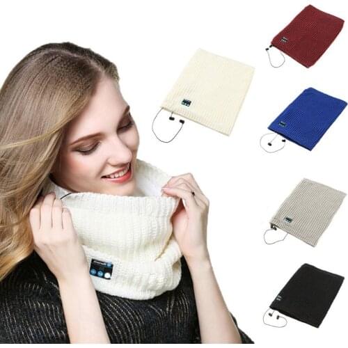Women Unisex Winter Thickened Ribbed Knitted Infinity Bluetooth Scarf Wireless Headphone Dual Layered Neck Warmer Microphone Sol