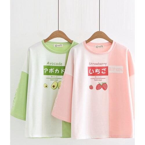 WXCTEAM Women Shirt Harajuku Strawberry Avocado Shirt Kawaii Japan Half Sleeve Game Neko Atsume Cat Female Ponchos Girls