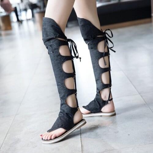 Women Sandals Flat Beach Shoes Denim Clip Toe Lace Up Knee High Gladiator Summer Boots JETT DRAGON Sexy Fashion Casual Black 39